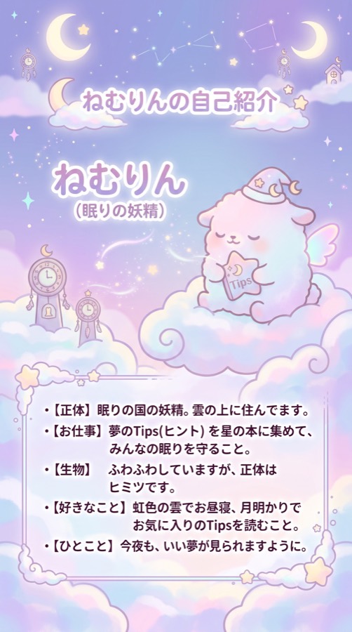 ねむりんの自己紹介。正体は眠りの国の妖精で、雲の上に住んでいる。お仕事は夢のTips（ヒント）を星の本に集めて、みんなの眠りを守ること。好きなことは虹色の雲でお昼寝と、月明かりでお気に入りのTipsを読むこと。ひとことは「今夜も、いい夢が見られますように。」